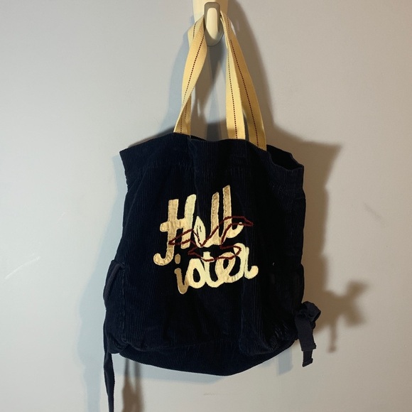 Hollister Navy Corduroy Tote Bag with White Straps appliqué logo side tie holder - Picture 5 of 8